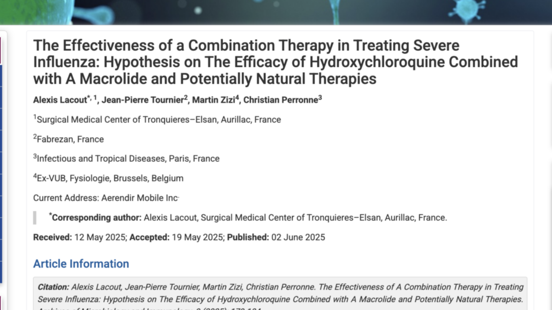 Traitement de la grippe sévère : hypothèse sur l’efficacité de l’hydroxychloroquine associée à un macrolide – publication soutenue par BonSens.org