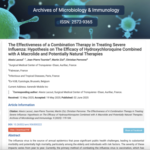 Traitement de la grippe sévère : hypothèse sur l’efficacité de l’hydroxychloroquine associée à un macrolide – publication soutenue par BonSens.org Traitement de la grippe sévère : hypothèse sur l’efficacité de l’hydroxychloroquine associée à un macrolide – publication soutenue par BonSens.org