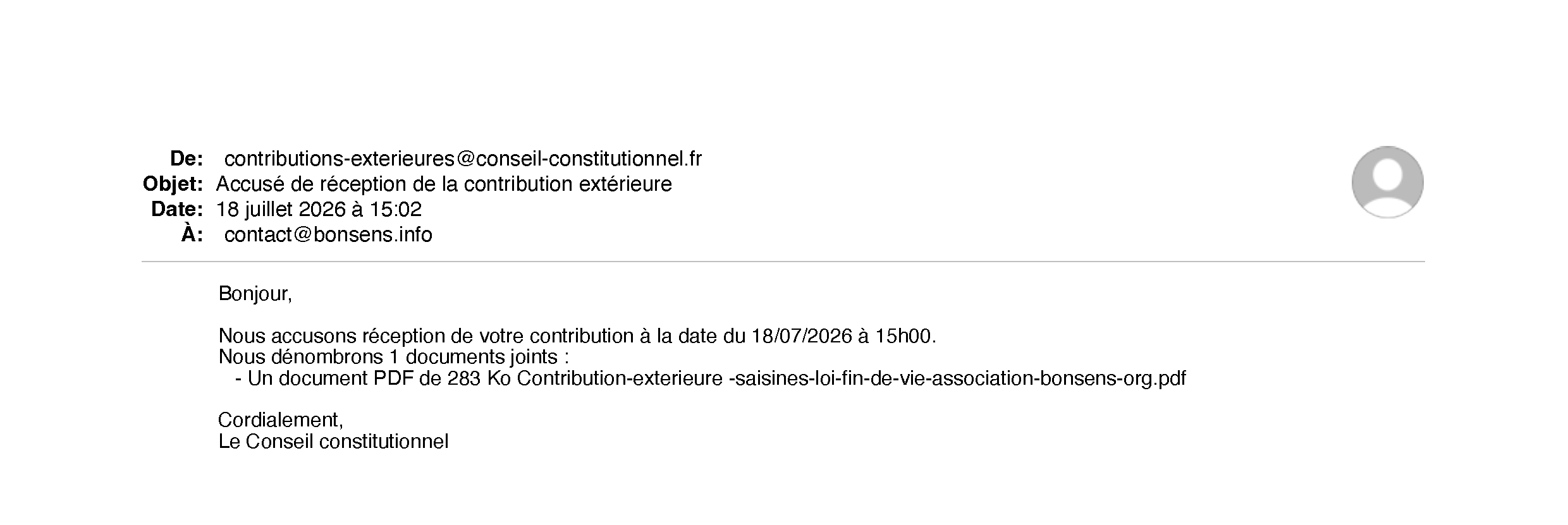Accusé de réception de la contribution extérieure